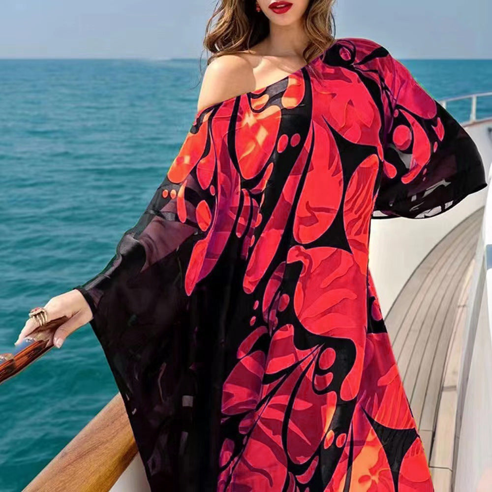 Spring Summer Women Sloping Shoulder Dress Bohemian Dress Printed Loose off Shoulder Dress