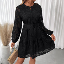 Load image into Gallery viewer, Spring Autumn Elegant Short Dress round Neck Long Sleeve Black Jacquard Dress