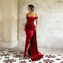 Load image into Gallery viewer, Off Shoulder Satin Dress for Women Autumn Sexy Split Dress