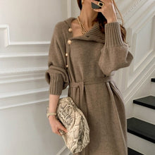 Load image into Gallery viewer, Japanese Korean Lace up Waist Trimming Knitted Dress Autumn Winter Loose Slimming All Matching Turtleneck Long Sweater for Women