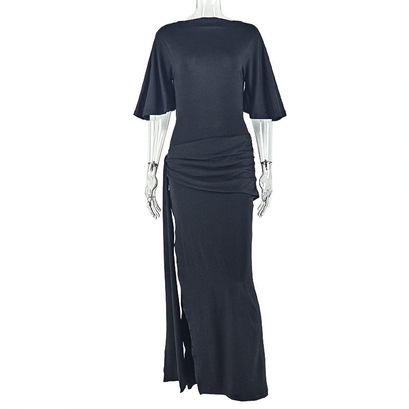 Women Clothing Backless Sexy Pleated Loose Hip Dress off Neck Lace up Split Maxi Dress