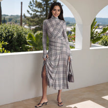 Load image into Gallery viewer, Autumn Winter Elegant Women Clothing Stand Collar Long Sleeve Plaid Fabric Pleated Slim Fit Casual Dress