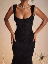 Load image into Gallery viewer, Autumn Square Collar Elastic Net Jacquard Pleated Sleeveless Fishtail Cami Dress