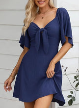 Load image into Gallery viewer, Women Clothing Shein V Neck Bow Lace Up Short Sleeve Mini Dress