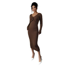 Load image into Gallery viewer, Brown V neck Dress Women Spring Autumn Chest Twist Design Slim Fit Three Quarter Sleeve Commuting Elegant Dress