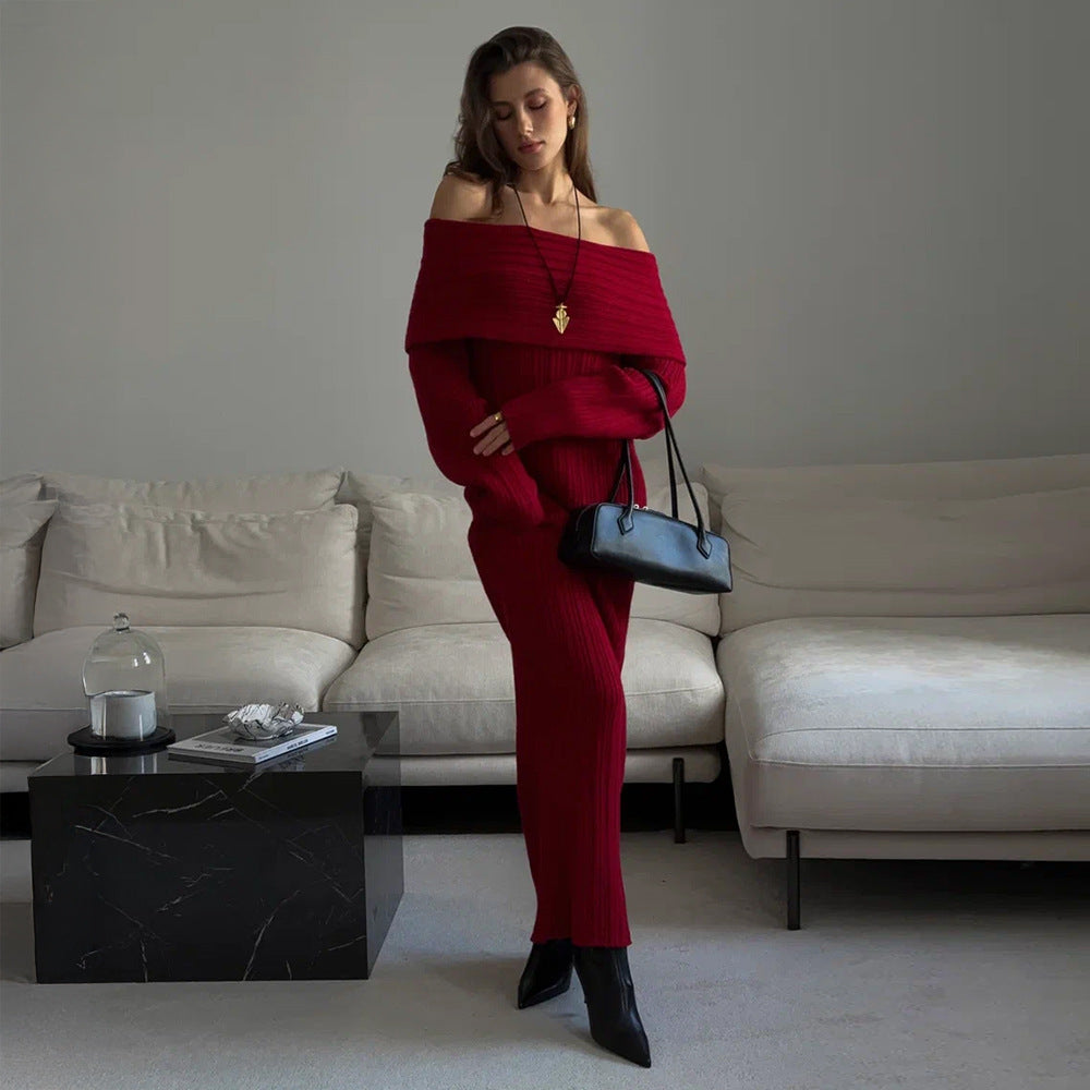 Knitted off Shoulder Long Sleeved Dress Autumn Winter off Shoulder Hip Knitwear Dress Women