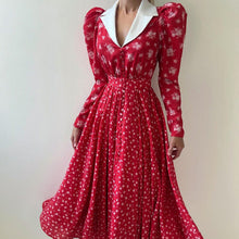 Load image into Gallery viewer, Contrast Color Design Collared Long Sleeve A line Women Waist Controlled Printed Large Swing Dress