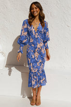 Load image into Gallery viewer, Spring Summer Office Women Elastic Waist Long Sleeve V neck Printed Flounced Dress
