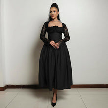 Load image into Gallery viewer, Women Clothing Spring Square Collar Lace Long Sleeve Waist Solid Color Mid Length Dress