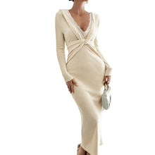 Load image into Gallery viewer, Lace Deep V Plunge Cross Slim Knit Dress Long Sleeve Mid Length Hip Skirt Date Slimming Base Dress