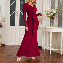Load image into Gallery viewer, Spring Autumn Mesh Long Sleeved Dress Sexy Swing Collar Wooden Ear Decoration Slim Fit Sheath Dress
