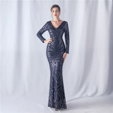Load image into Gallery viewer, Positioning Floral Cutting Craft Magic Color Sequin Annual Meeting Wedding Long Sleeve Evening Dress