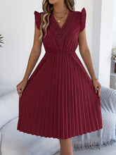 Load image into Gallery viewer, Women Clothing Spring Summer Casual Lace V neck Wooden Ear Cinched Pleated Dress