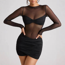 Load image into Gallery viewer, Women round Neck Long Sleeve Mesh Splicing Sexy Pleated Hip Bag Dress