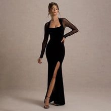 Load image into Gallery viewer, Autumn Winter Women Clothing Sexy Mesh Stitching Hollow Out Cutout Slim Fit Slit Long Sleeve Elegant Dress