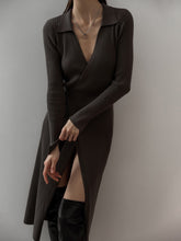 Load image into Gallery viewer, Split Strap Thread Knitted Dress Mid Length Autumn Winter Polo Collar Long Sleeve Sexy Tight Dress