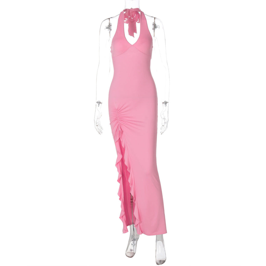 Summer V neck Halter Dress Split Sexy Backless Dress Women