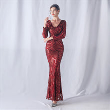 Load image into Gallery viewer, Positioning Floral Cutting Craft Magic Color Sequin Annual Meeting Wedding Long Sleeve Evening Dress