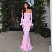Load image into Gallery viewer, Dress Sexy Bandeau Stitching Lace Sleeve Slim Long Fishtail Evening Dress
