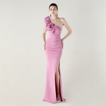 Load image into Gallery viewer, One Shoulder Craft Beading Wave Floral Satin High Slit Sexy Evening Dress Dinner Party Wedding Social