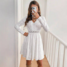 Load image into Gallery viewer, Elegant Women Solid Color Lace Patchwork Mini Holiday Dress Scallops Sundress
