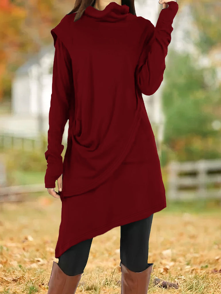 Autumn Winter Black High Collar Irregular Asymmetric Faux Two Piece Long-Sleeved Dress Women
