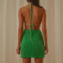 Load image into Gallery viewer, Summer Sexy V Neck Backless Pleated Dress Women Halter Lace Up Cutout Short Dress