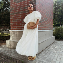 Load image into Gallery viewer, Cotton round Neck Puff Sleeve Dress Spring Summer Solid Color Loose Casual Dress for Women