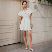 Load image into Gallery viewer, Holiday Striped Lace up Dress Polo Collar Casual Short Sleeve Cross Hollow Out Cutout Short Dress