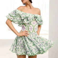 Load image into Gallery viewer, Summer Off Shoulder Lotus Leaf Embroidered Waist Slimming Vacation Dress Slim Fit Slimming Dress