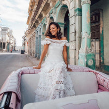 Load image into Gallery viewer, Summer Women Clothing off Shoulder Ruffled Hollow Out Cutout Wide Hem Lace Long Dress