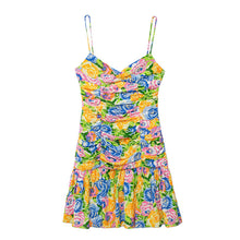 Load image into Gallery viewer, Summer Small Fresh V neck Yellow Printings Pleated Dress for Women