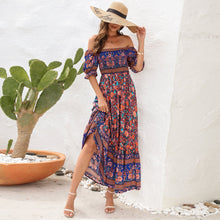 Load image into Gallery viewer, Bohemian Beach Holiday Dress off Shoulder Puff Sleeve Floral Mid Length Dress