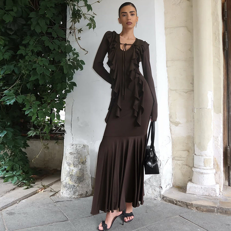 Women Clothing Autumn Ruffles Lace up Long Sleeve Waist Dress