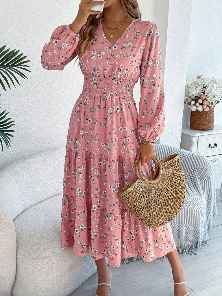 Autumn Winter Elegant Floral V neck Long Sleeve Waist Trimming Ruffles A line Women Clothing