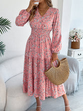 Load image into Gallery viewer, Autumn Winter Elegant Floral V neck Long Sleeve Waist Trimming Ruffles A line Women Clothing