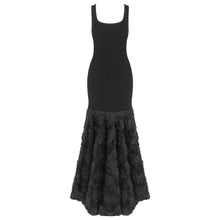 Load image into Gallery viewer, Elegant Black Shiny Silver Silk Fabric Rose Floral Dress Slim Fit Sexy Waist Trimming Sleeveless Light Gift Dress