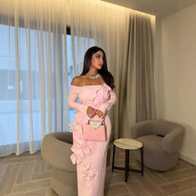 Load image into Gallery viewer, Spring Summer Middle East Elegant Sexy Sheath Three Dimensional Floral off Shoulder Long Sleeve Dress