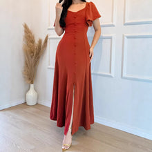 Load image into Gallery viewer, Women Ruffle Sleeve Waist Trimming Casual Elegant Button Split Dress