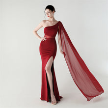 Load image into Gallery viewer, Single Shoulder Crossbody Stitching Mesh Design Satin Slim Cocktail Dress Evening Dress