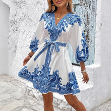 Load image into Gallery viewer, Women Clothing Summer Printed V neck Three Quarter Sleeve Lace up Waist Dress