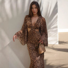 Load image into Gallery viewer, Women Clothing Summer Sexy Leopard Print Lace up Deep V Plunge neck Hollow Out Cutout out Long Sleeve Dress Sexy
