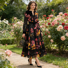 Load image into Gallery viewer, Spring High Grade Printed V neck Dress Tight Waist Slimming Flared Sleeves Stitching Lace Dress Women