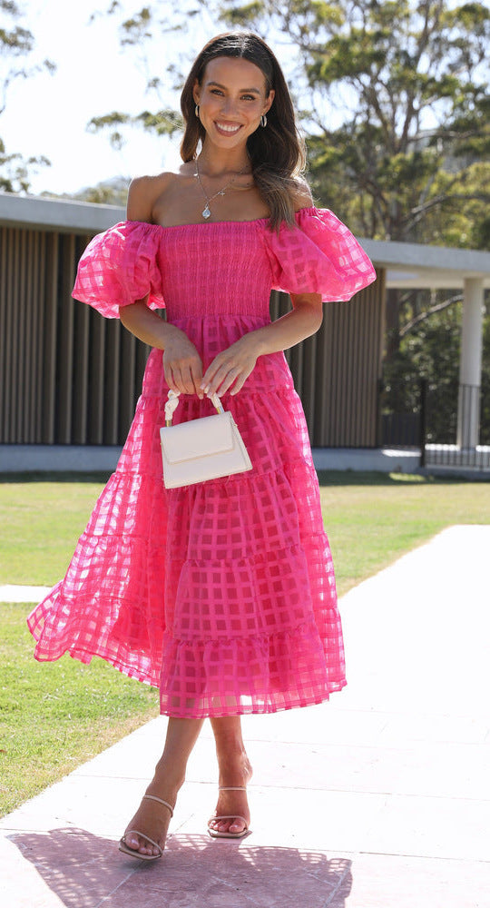 Women One Neck Lantern Sleeve Layer Stitching Dress