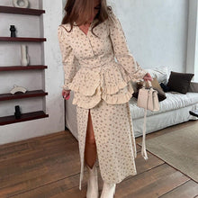 Load image into Gallery viewer, French Design Ruffled Waist Seal Printed V neck Puff Sleeve Elegant Split Dress Women Clothing