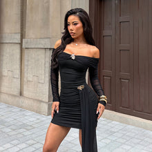 Load image into Gallery viewer, Sexy Short off Shoulder Sexy Backless Mesh Stitching Long Sleeve Dress
