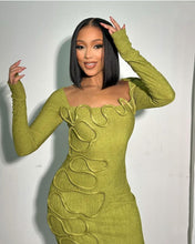 Load image into Gallery viewer, Spring Summer Pleated Personality Twisted String Decoration Square Collar Long Sleeve Slim Length Dress