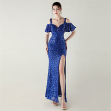 Load image into Gallery viewer, Bead Tube Sequin Heavy Industry Evening Dress Short Sleeve off the Shoulder Deep V Plunge High Slit Fishtail Dress Cocktail Socialite