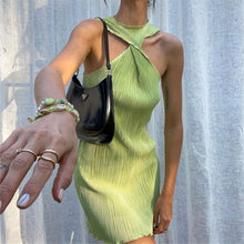 Load image into Gallery viewer, Round Neck Twisted off Shoulder Short Dress Women Summer Pleated Sexy Dress