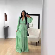 Load image into Gallery viewer, Autumn Winter Elegant Stitching Long Sleeve V Neck Dress Women Dress